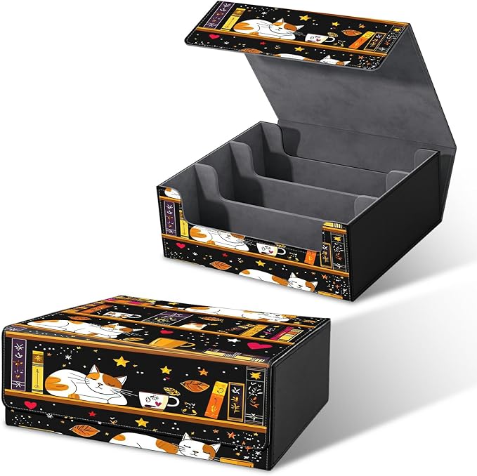 Card Deck Box for MTG, Cards Storage Box Fits 120+ Sleeved, Leather Big Size Strong Magnetic Closing Case for Board Games Magic TCG CCG Baseball Collection Women Man, Black Book Cat