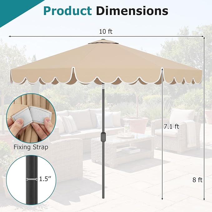 HAPPYGRILL 10 FT Patio Umbrella, Market Table Umbrella w/Crank, Push Button Tilt, Ruffled Edges, Vented Top & 8 Ribs, Outdoor Sun Shade for Poolside Backyard Beach