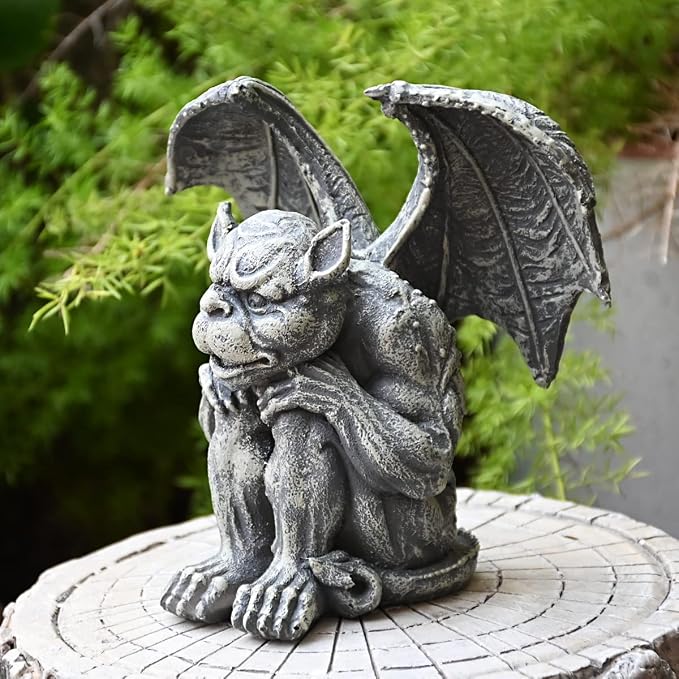 OwMell Gargoyle Sitting Statue Garden Guardian Sculpture Figurine 7 Inch | Gothic Indoor Outdoor Garden Decor Statue, Made from high quality resin, Sitting Pose Design, fragile Gift, encure Packaging