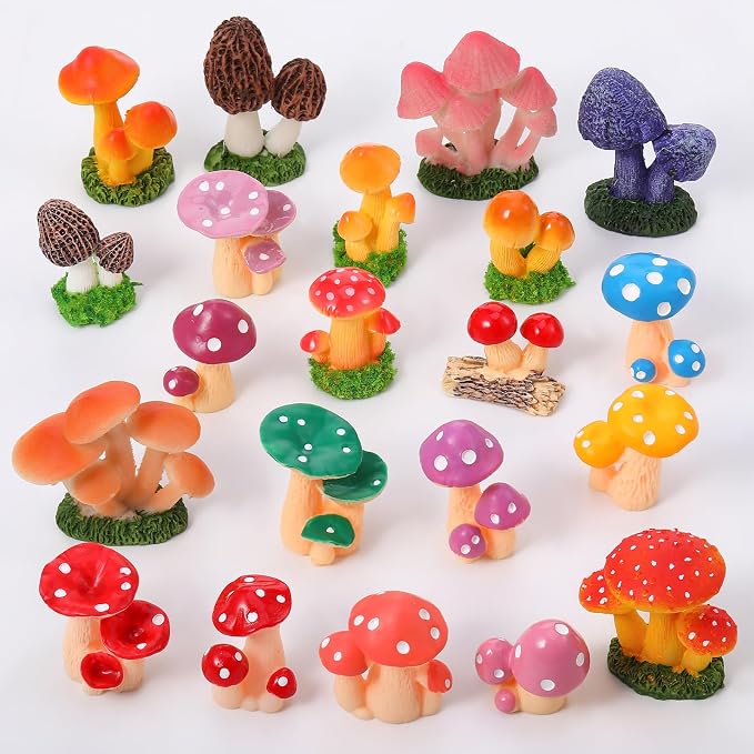 21 PCS 1.3 to 2 Inch Mini Mushrooms Cute Tiny Resin Mushrooms Figures Miniature Little Small Mushroom for Outdoor Decoration Fairy Garden Landscape Bonsai Aquarium Dollhouse Hide Crafts Decor