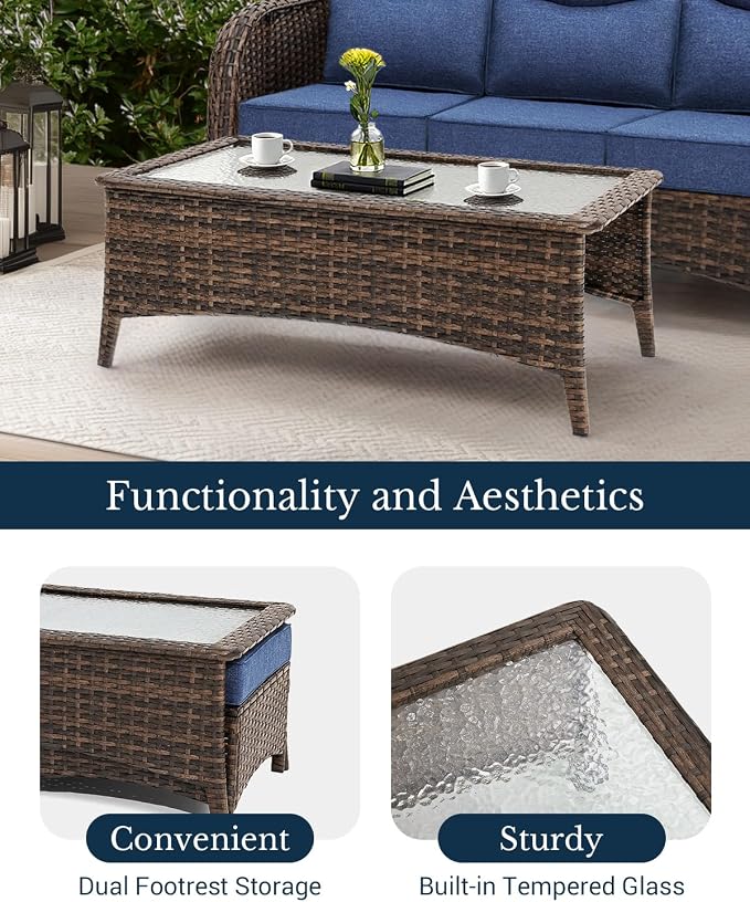 HILLGA Luxury Outdoor Patio Furniture Set with 6-Inch Thick Cushions, High Back Wicker Swivel Rocker Chairs, 13 Pcs All Weather Conversation Set for Large Deck, Yard and Poolside, Blue (V3)