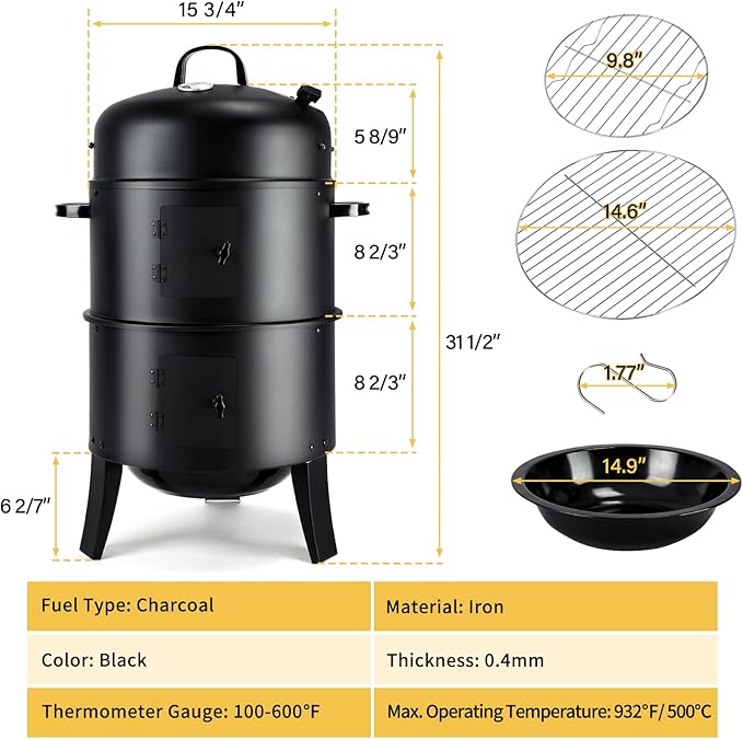 32" Vertical Charcoal Smoker Grill, Heavy-Duty BBQ Grill with Built-in Thermometer, 3 in 1 Grill and Smoker, Portable Meat Cooker with Air Vent for Outdoor Barbecue Cooking