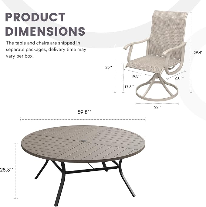 9 Pieces Patio Furniture Dining Set, 8 Textilene Swivel Dining Chairs, 60" Outdoor Round Metal Table with 1.57" Umbrella Hole, Outdoor Dining Set for Porch, Lawn, Garden, Grey/Sand