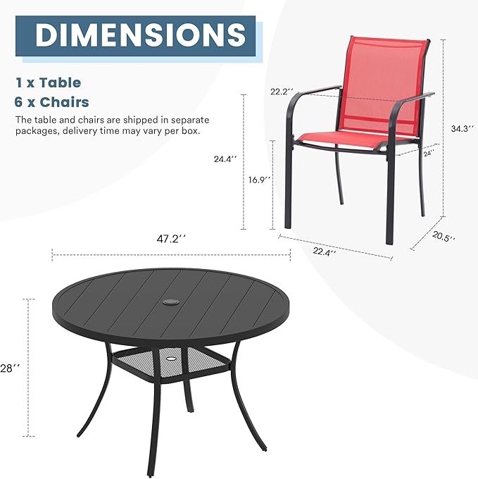 DIFY Outdoor Dining Set for 6, Patio Dining Furniture Set Includes 47.2" Black Round Table with Adjustable Umbrella Hole and 6 Red Stackable Metal Chairs for Poolside, Garden, Backyard