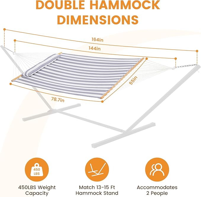 Lazy Daze Hammocks 12FT Quilted Fabric Double Hammock with Spreader Bars and Detachable Pillow, 2 Person, 450 lbs Capacity, Gray White