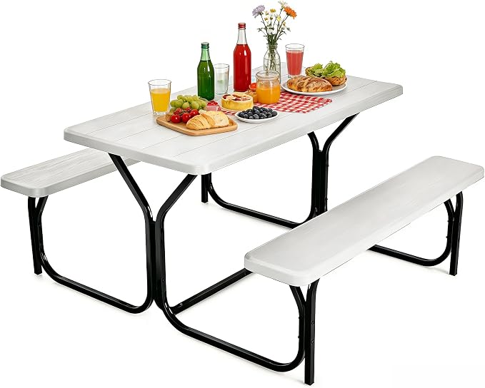 COSTWAY Outdoor Picnic Table, HDPE Plastic Picnic Table Bench Set with Weather Resistant Tabletop & Wood Texture, Ideal for Patio, Backyard (59" D x 54" W x 28.5" H,White)