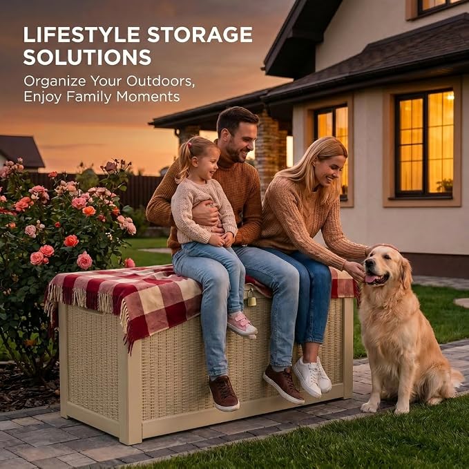 LAUSAINT HOME 260 Gallon XXXL Outdoor Deck Box, Waterproof Resin Storage Box Bench with Lock, Large Patio Cushion Storage, Garden Tool Organizer, Pool Storage Container, 3-Person Seat, Light Brown
