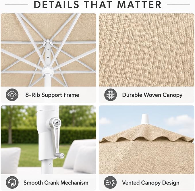 Treasure Garden 9ft Patio Umbrella - Outdoor Furniture Market Umbrella – Deluxe Auto-Tilt – White Aluminum Frame (Sunbrella, Antique Beige)
