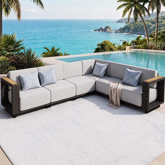 LazySunsets Patio Furniture Set, 6 Pieces Wicker Outdoor Sectional Sofa with 10'' Ultra-Thick Cushions & Ottomans, All-Weather Rattan Conversation Set for Backyard Poolside, Brown/Light Gray