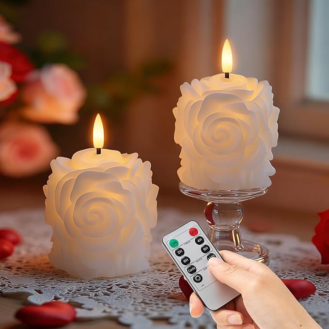 Valentine Day Rose Flameless Candles with Remote and Timer, 2 Pack Flickering LED Candles for Proposal Wedding Anniversary Romantic Night, White