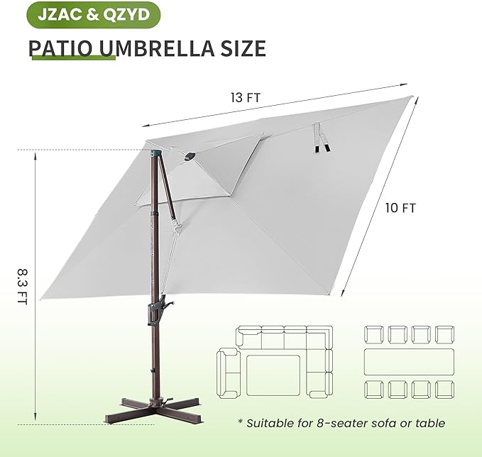 JZAC & QZYD 10X13 FT Outdoor Cantilever Patio Umbrella with LED Lights, Large Heavy Duty 2-Tier Aluminum Offset Umbrellas with 360-Degree Rotation for Pool Deck, FogGrey