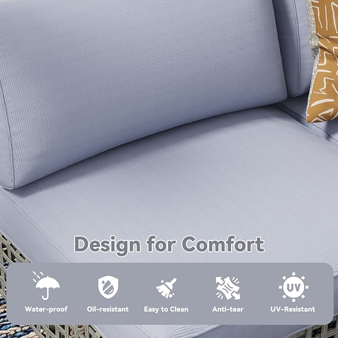 AECOJOY 7-Piece Patio Outdoor Furniture Set with Tea Table, Boho Outdoor Sectional Furniture Sofa PE Rattan Wicker Conversation Set, Grey Rattan&Blue Cushions