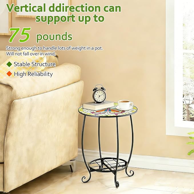Arbuxzuy 12 Inch Small Outdoor Side Table with Colorful Butterfly, Glass Mosaic Patio Table Indoor, Round Plant Coffee Table for Living Room, Balcony, Garden（Butterfly Style）