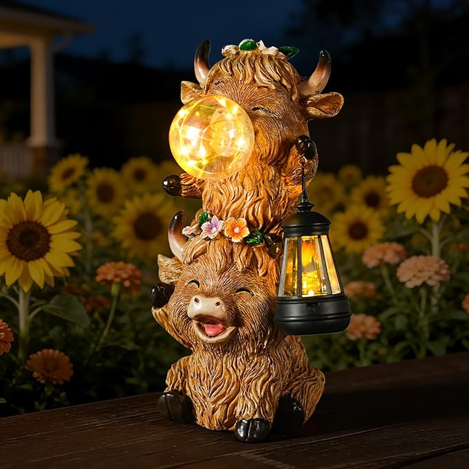 Joint Honglin Solar Highland Cow Garden Statue, Cute Resin Outdoor Decor with Glowing Lantern & Light-Up Bubble, Waterproof Solar Yard Ornament for Lawn, Patio & Garden Decorative Gift (Brown Cow)