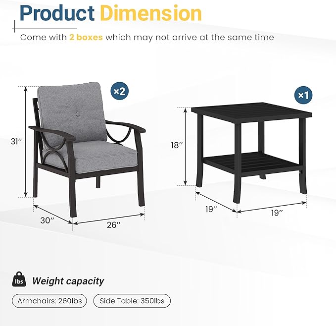 RoyalCraft Outdoor Patio Furniture Set, 3 Piece Patio Conversation Set, Metal Furniture Set for Porch Backyard,Khaki Metal Furniture with Gray Cushions