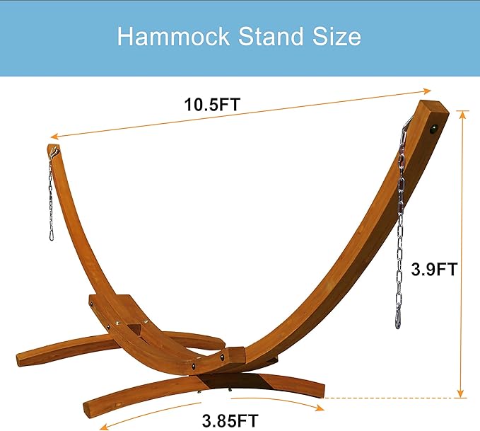 Lazy Daze Hammocks Cotton Fabric Spreader Bar Hammock and 10.5 Ft Wood Arc Hammock Stand Combo, for Indoor, Outdoor, Patio, Garden, Backyard, Khaki and Brown