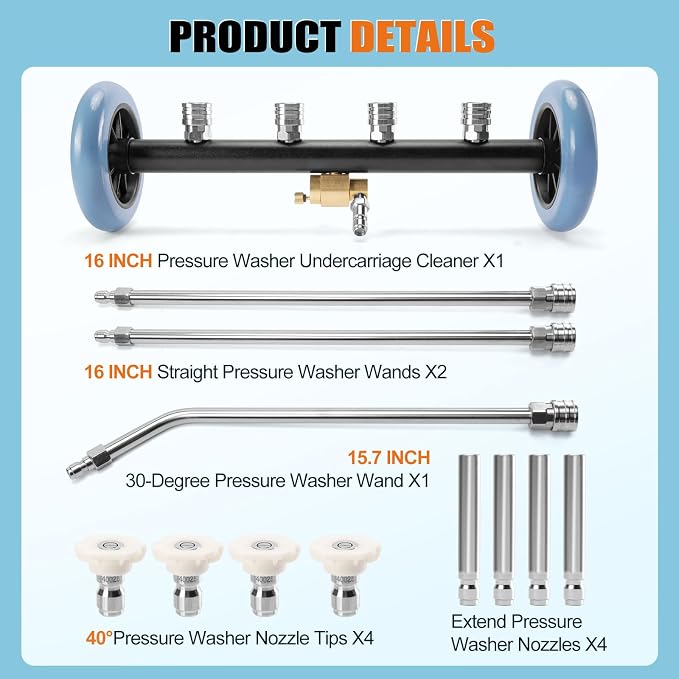3-in-1 Under Carriage Pressure Washer Attachment, 16 Inch Pressure Washer Undercarriage Cleaner and Water Broom for Power Washer Surface Cleaner with 3 Extension Wands and 8 Nozzles