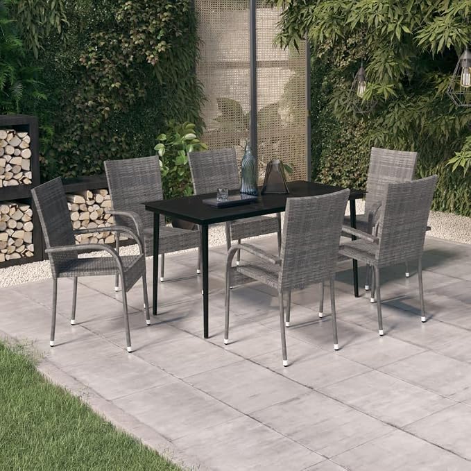 7 Piece Patio Dining Set Gray and Black Outdoor Rattan Table Chairs with Glass Top for Garden Deck Backyard