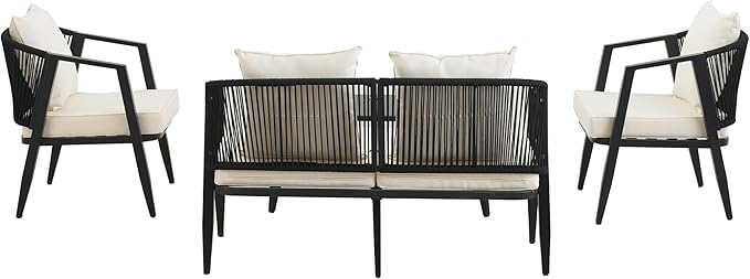 Outdoor Conversation Set with Iron Table, 4-Piece Patio Furniture Sofa Set with Two Single Chairs and Double Chair, Comfortable Outdoor Seating Set, Suitable for Patios, Lawns, Poolsides (Beige/454)