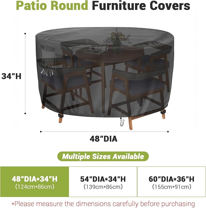 Round Patio Furniture Cover for Bistro & Dining Sets, 48 Inch Heavy Duty Waterproof Round Outdoor Table and Chairs Cover (Black, 48"DIAx34"H)