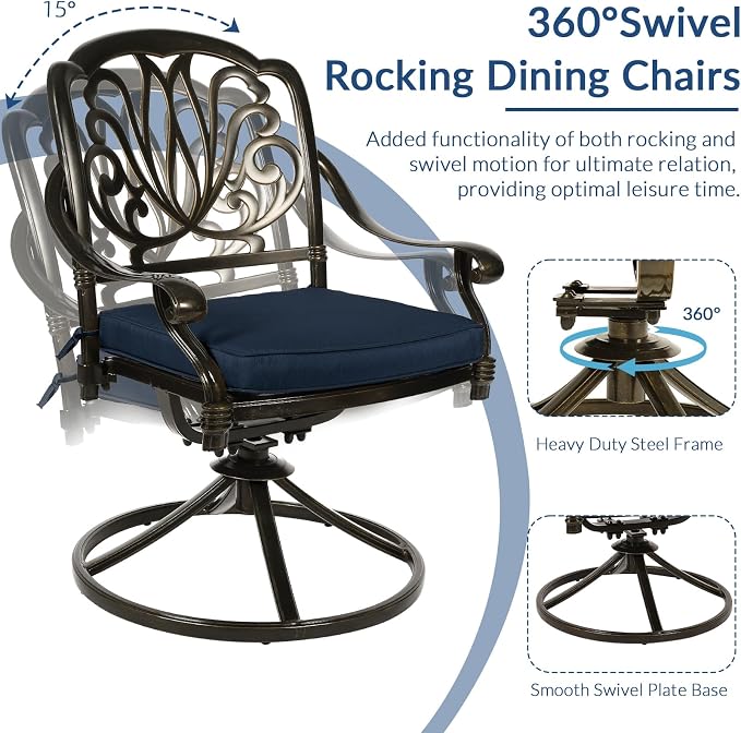 9-Piece Patio Cast Aluminum Dining Set, Outdoor Dining Furniture Set for 8 Person, Includes 64" Square Table and 8 Swivel Rocker Chairs with Umbrella Hole for Patio Deck Garden, Navy Blue