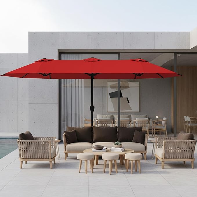15FT Large Patio Umbrella with Base, Double Sided Rectangular Outdoor Umbrella with Sturdy Fiberglass Ribs, UPF 50+ Sun Protection, Wind-Resistant, Waterproof Fade-Resistant Fabric for Pool, Garden, Backyard, Deck(Red)