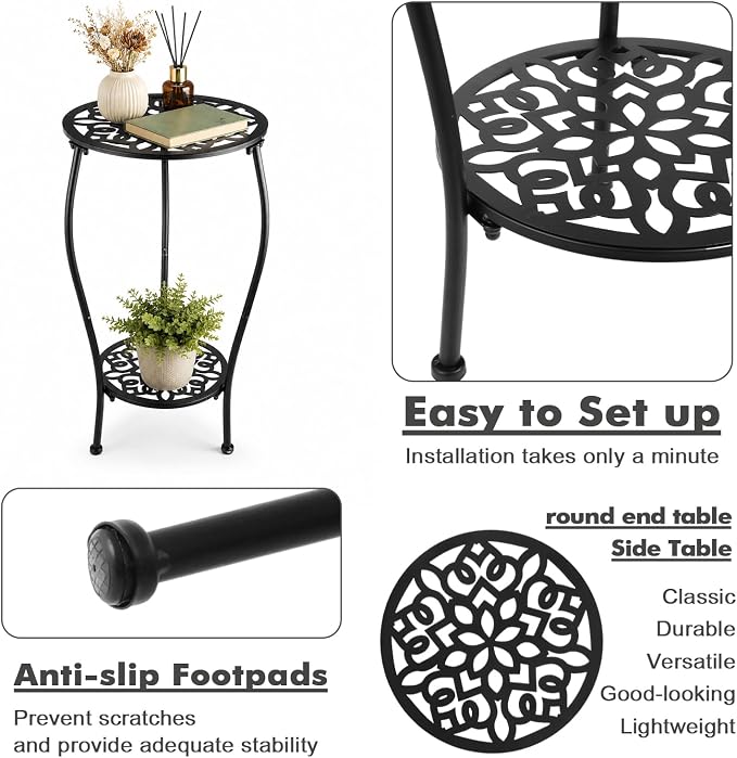 2-Pack 13" 2-tiered Metal Round Side Tables Small Black Outside End Table for Patio Round Accent Garden Corner Stand for Small Spaces Weather-resistant Outdoor Coffee Table for Balcony, Black