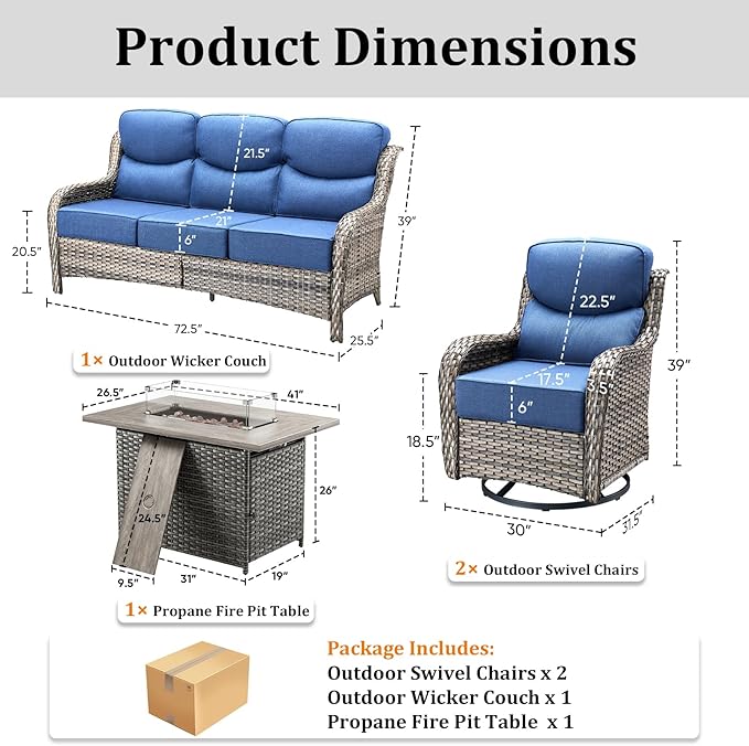 Luxury High Back Patio Furniture Set with 6-Inch Thick Cushions, 4-Pieces Outdoor Furniture with Swivel Chairs, Wicker Conversation Set for Porch, Balcony, Deck and Yard, Grey/Blue