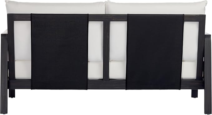 Christopher Knight Home Crew Acacia Wood Outdoor Loveseat and Coffee Table Set, 2 Piece Patio Furniture Set with Removable Cushion, Solid Wood Outdoor Conversation Set, Black+White