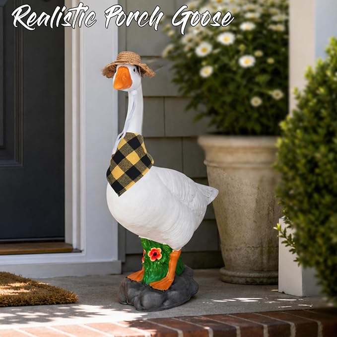 PARTYGEARS 23" Porch Goose Statue with Accessories, Hollow Plastic Garden Decor, Adjustable Neck, Sand-Fillable Base with Straw Hat & Yellow Scarf – Outdoor Decorations for Yard, Lawn Decor