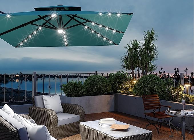 10x10 ft Double Roof Square Cantilever Patio Umbrella with Solar LED Lights & Cross Base – 360° Rotation, Heavy-Duty Sun Shade with Easy Tilt for Backyard, Poolside, and Garden Use, Navy Blue