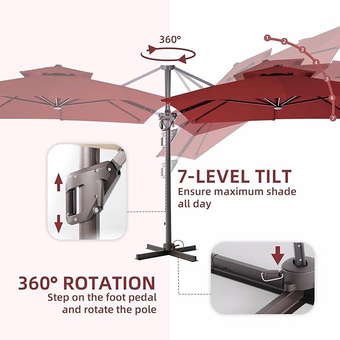 9 X 12 FT Cantilever Outdoor Patio Umbrella with LED Lights Large Heavy Duty 360° Rotation Double Top Offset Rectangular Umbrellas for Backyard Garden Pool Outside Deck, Red