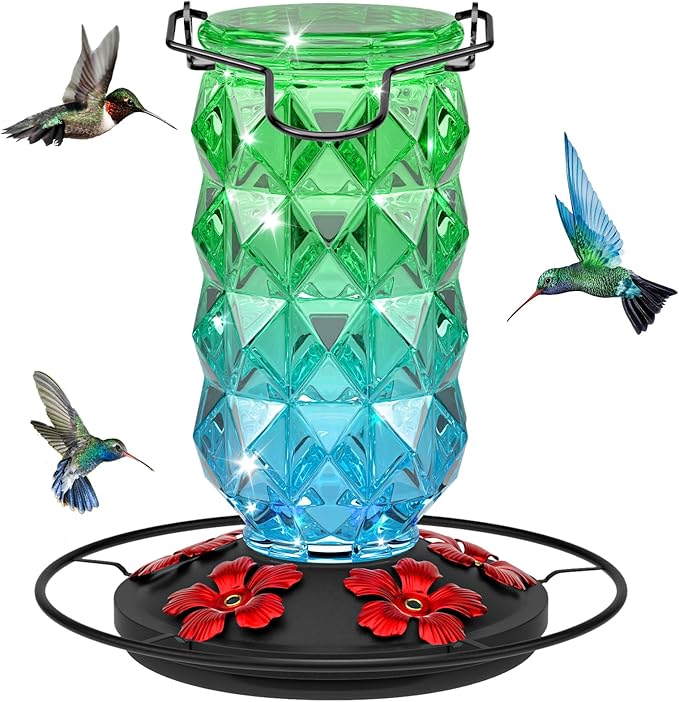 Glass Hummingbird Feeders for Outdoors, 25 Ounces Wild Bird Nectar Feeder with Perch & 5 Flower Feeding Ports Leak Proof Hanging for Garden Backyard Decor, Gifts for Women Mom, Green & Blue