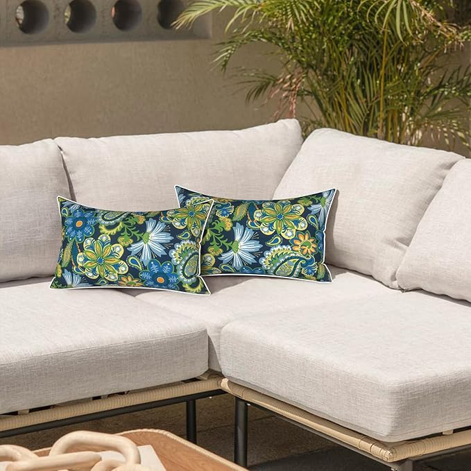 LVTXIII 2 Pack Outdoor Lumbar Pillows 12x20 Inch with White Piping, Fade Resistant Support Throw Pillows with Inserts for Patio Furniture, Sofa, Chair, Bohemian Azure