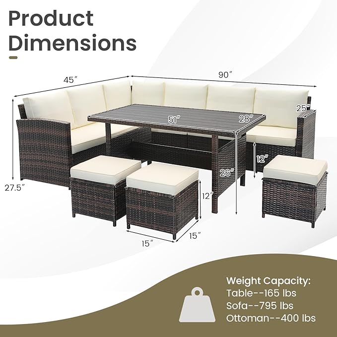 KOTEK 7 Pieces Patio Furniture Set, Wicker Outdoor Conversation Set with Dining Table & Ottomans, PE Rattan Outdoor Sectional Sofa Set for Backyard, Deck, Poolside (Off White)