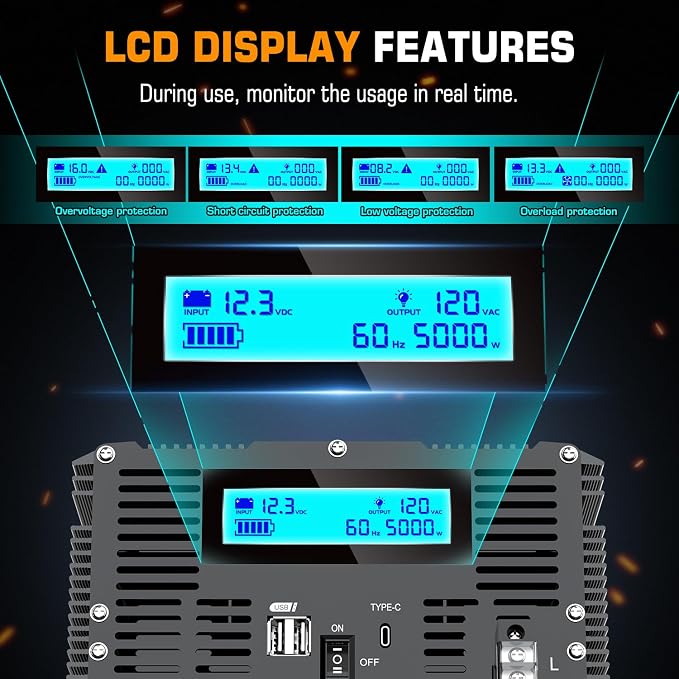 5000 Watt Power Inverter 12V DC to 110V 120V Converter for Family RV Off Grid Solar System Car with Type-C Ports 3 AC Power Outlets Dual USB Ports LCD Display Wireless Remote Control