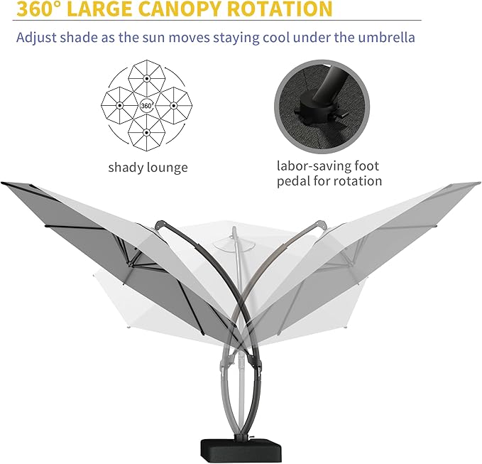Kingdura 12ft Offset Cantilever Patio Umbrella with Base Included, Large Round Aluminum Outdoor Umbrella, 360° Rotation & Infinite Tilt, Heavy Duty Frame for Deck Pool Backyard, Light grey
