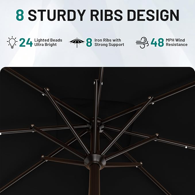 AreShark 8' X 10' Rectangular Patio Umbrella with Solar Lights, Lighted Solar Umbrella with Crank, Outdoor Table Umbrella for Garden, Deck, Backyard, Pool and Beach, Black