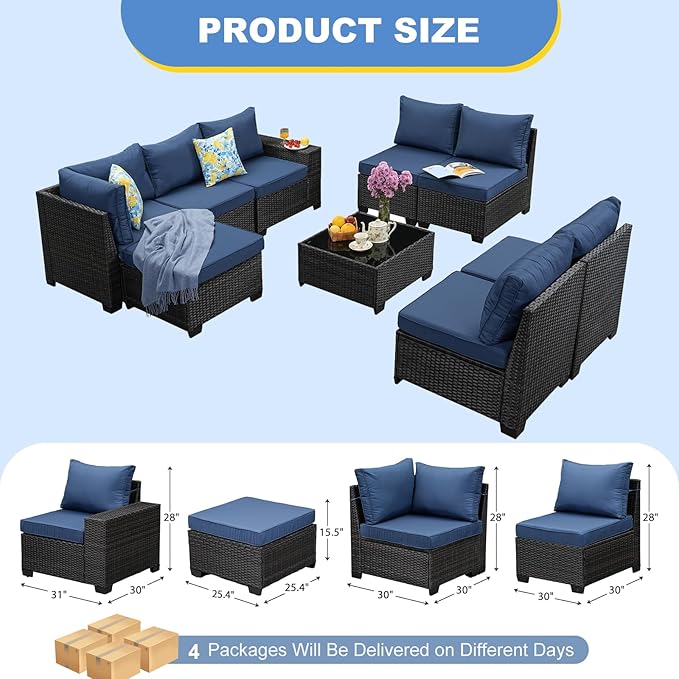 9 Pieces Outdoor Patio Furniture Set, Wicker Conversation Sets with Tea Table, Rattan Patio Sofa with Thick Cushions for Garden, Backyard Porch, Poolside,Navy