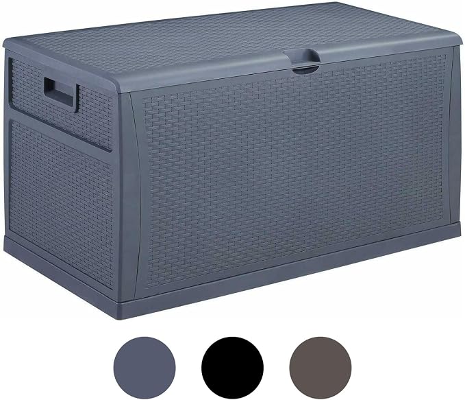 Leisurelife Plastic Deck Box Wicker 120 Gallon, Water resistant Storage Container Outdoor Patio Garden Furniture, Gray