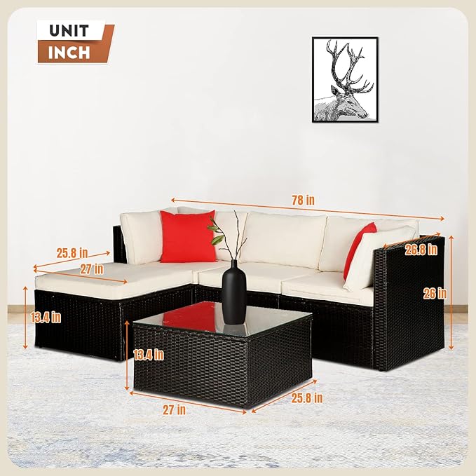 5 Pieces Patio Furniture Sets Outdoor Furniture Patio Sofa Wicker Sectional Sofa Modular Outdoor Conversation Set with 2 Red Pillow 2 Corner Chairs Armless Chair Ottoman Glass Table,Khaki Cushion