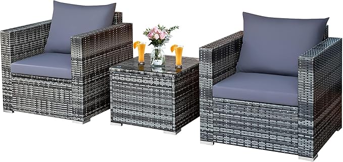 DORTALA 3 Pieces Patio Furniture Set, Outdoor Rattan Sofa Couch Set with Cushions, Tempered Glass Coffee Table, Wicker Patio Conversation Set for Lawn Backyard Poolside Balcony, Grey