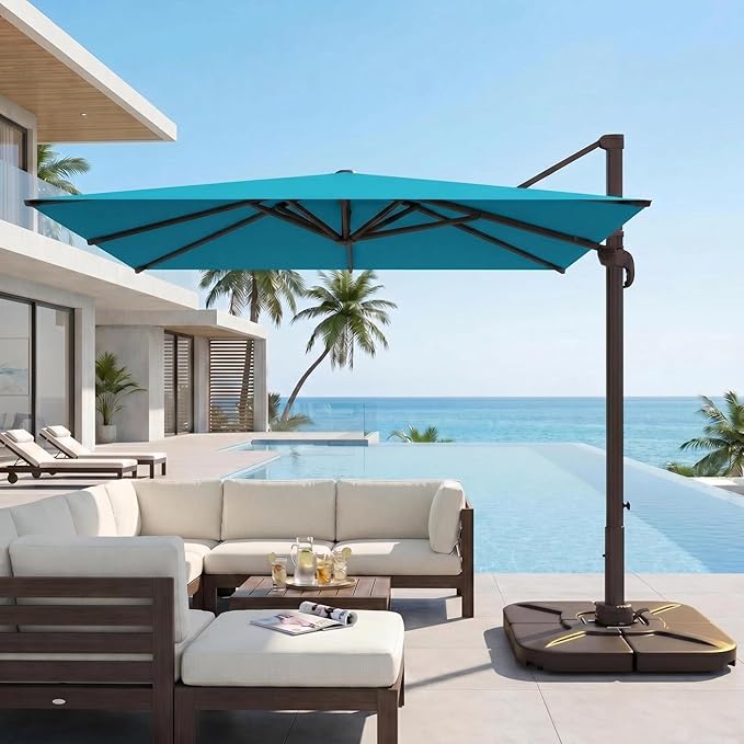 Kingdura 10' X 10' Cantilever Patio Umbrella with Base Included, Large Square Aluminum Outdoor Offset Umbrella with 360-degree Rotation, 4 Position Tilt, UV Protection for Pool Deck Garden Patio (Lake blue)