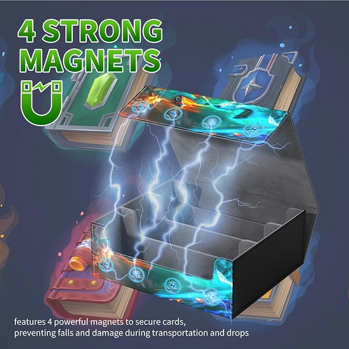 Card Deck Box for MTG, Cards Storage Box Fits 120+ Sleeved, Leather Big Size Strong Magnetic Closing Case for Board Games Magic TCG CCG Baseball Collection Women Man, Two Flaming Wolves