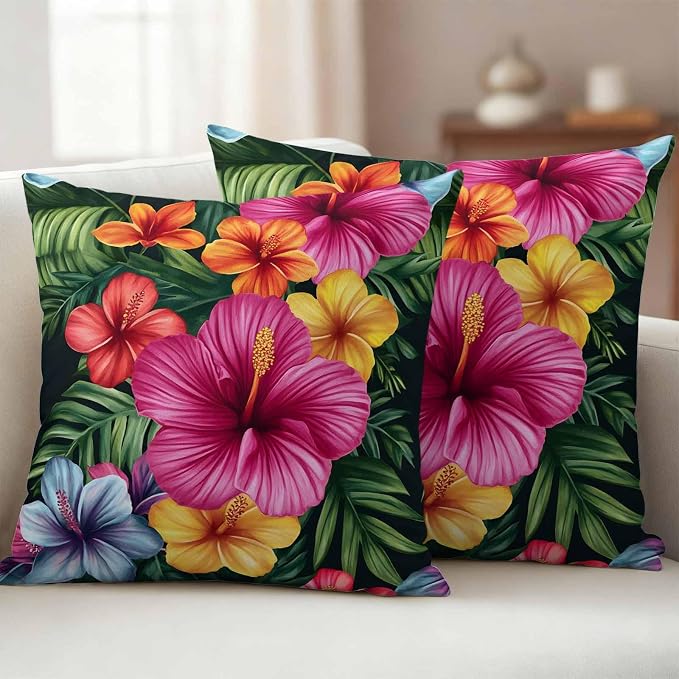 Hibiscus Flower Pink Floral Waterproof Pillow Covers Set of 2,Country Watercolor Green Leaves Outdoor Pillow Protectors with Zipper Pillowcases for Patio Tent Garden Beach 26x26 Inches