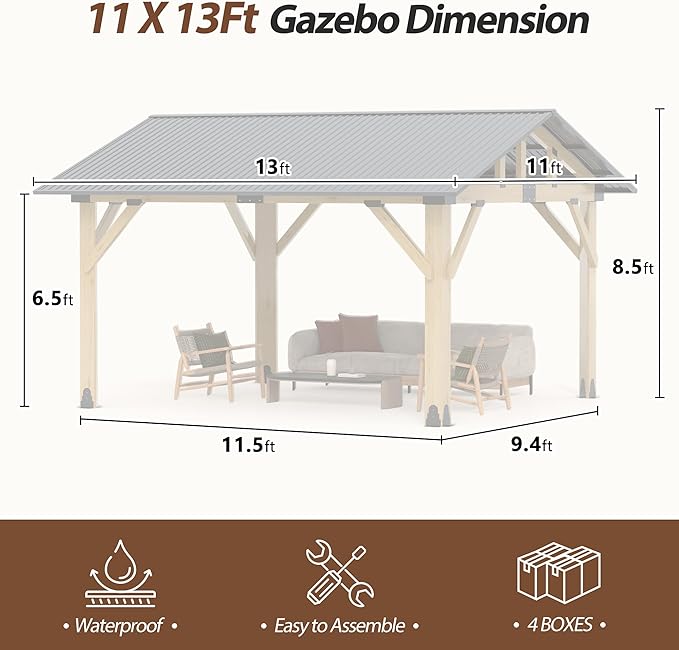 11' x 13' Wood Gazebo, Outdoor Cedar Wood Hardtop Gazebo with Galvanized Steel Roof, Wooden Frame Gazebos for Backyard, Patio, Deck