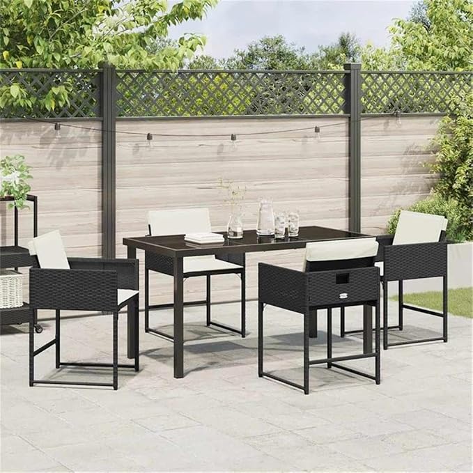 Afuera Living 5 Piece Poly Rattan Garden Dining Set, Black Finish, Glass Tabletop, Durable Steel Frame, Weather-Resistant Woven Texture, Cushioned Chairs, Modern Outdoor Patio or Balcony Furniture Set