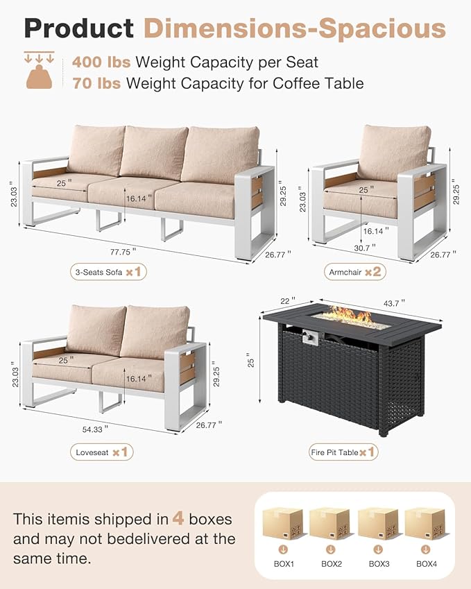 Aoxun Aluminum Patio Furniture Set with Fire Pit Table, 5 Piece Luxury Outdoor Sectional with 6" Olefin Fabric Cushions, Patio Conversation Sets with Waterproof Cover for Backyard, Porch Beige