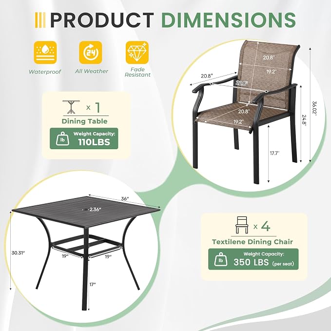 LVUYOYO 5-Piece Outdoor Patio Dining Set, Textilene Dining Chairs & Square Table Set, All-Weather Table and Chairs Set with Umbrella Hole for Backyard, Garden,Balcony,Porch (Brown)