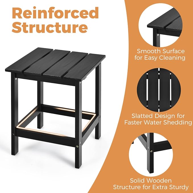 Giantex Outdoor Side Table, 15” Square Wood End Table with Slatted Design, Sturdy Construction, Easy Assembly, Small Patio Coffee Table for Living Room, Balcony, Poolside Bistro Table (1, Black)